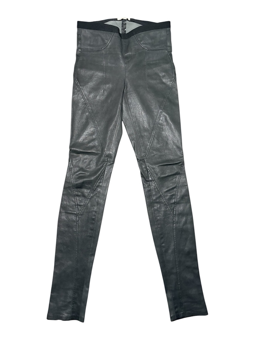 HELMUT LANG 100% Leather Gray Leggings With Contrast Black Waist